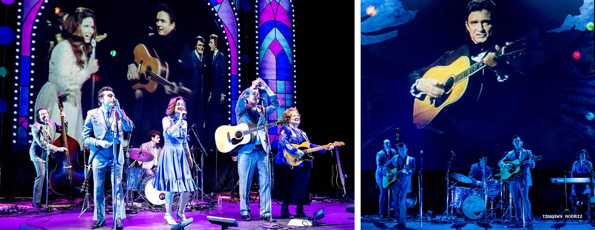 Left: A female pilot sings with outstretched arms. Right: A large crowd of cast members sing and laugh.