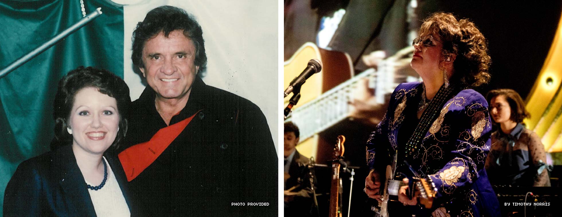 Left: Debbie Horton stands for a picture with Johnny Cash in the 80s. Right: Debbie Horton plays the guitar on stage.