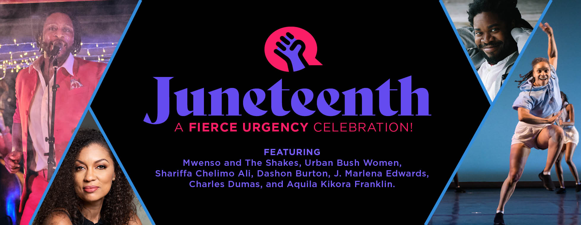 Juneteenth: A Fierce Urgency Celebration! Michael Mwenso sings into a microphone. Samantha Speis dances with a leg and arm raised in the air.