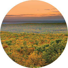 An aerial view of the Pennsylvania mountains and their autumn foliage.