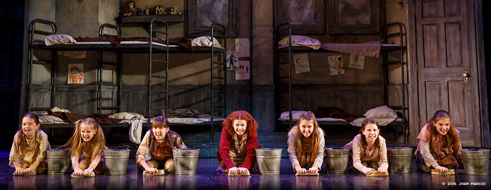 Seven child actors, with Annie in the center, sing a musical number while on their hands and knees scrubbing the floor.