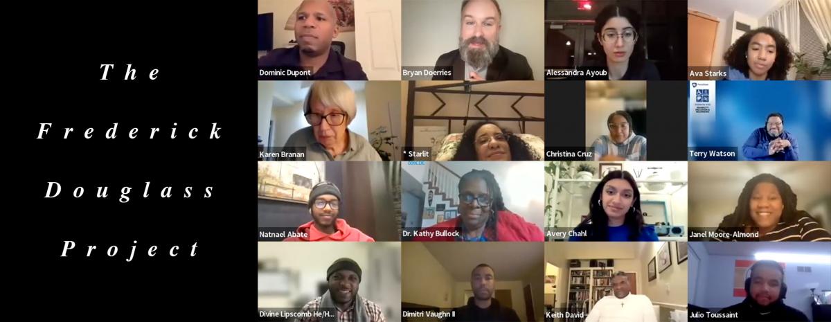 A screen capture from the live Zoom event displaying a 4 by 4 video grid of actors, panelists, and community participants.