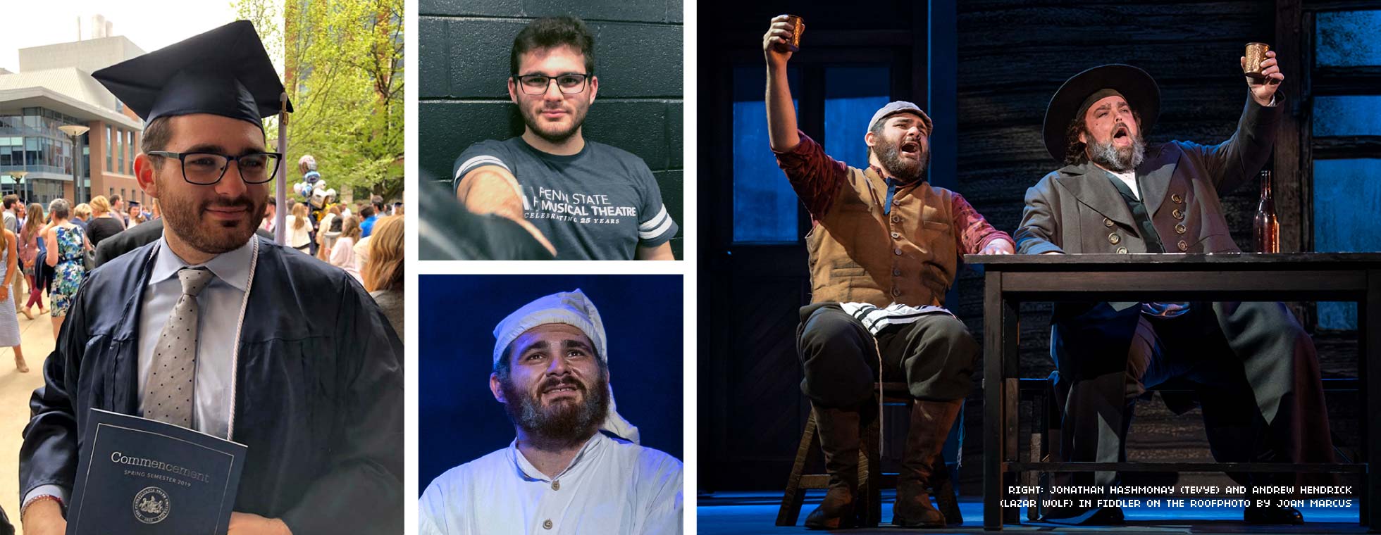A photo collage of Jonathan Hashmonay in Fiddler on the Roof and as a student at Penn State.