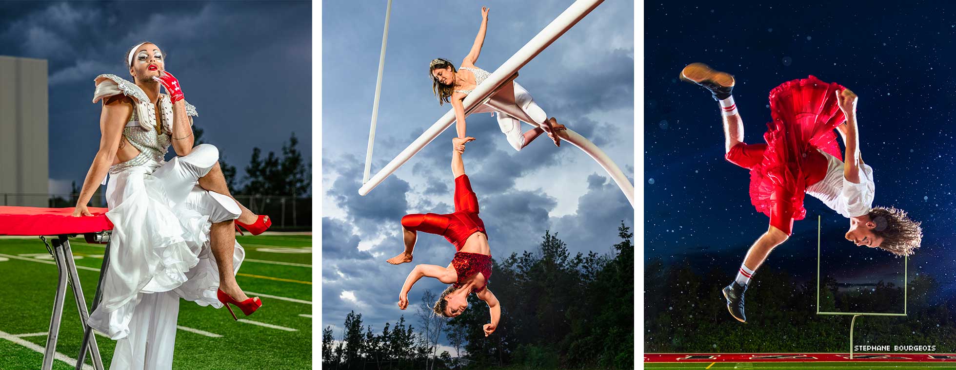 In an image collage, a person wears heels, a dress, and football chest pads; two acrobats assist each other over a goal post; and an acrobat does an aerial flip with a goalpost in the distance.