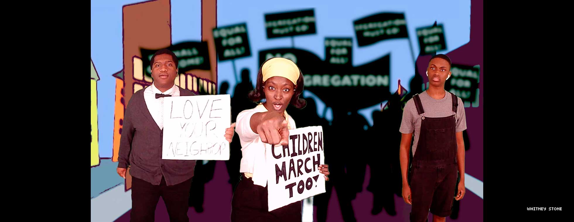 A boy watches two people holding protest signs that read “Love Your Neighbor” and “Children March Too.” 