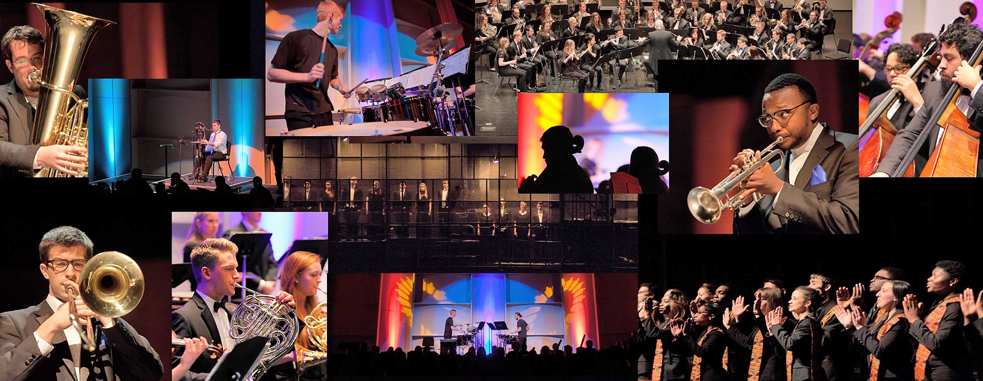 A photo collage features diverse groups of people singing in a choir, seated and playing string instruments, brass musicians sitting in clusters, and wind musicians seated in a semi-circle.