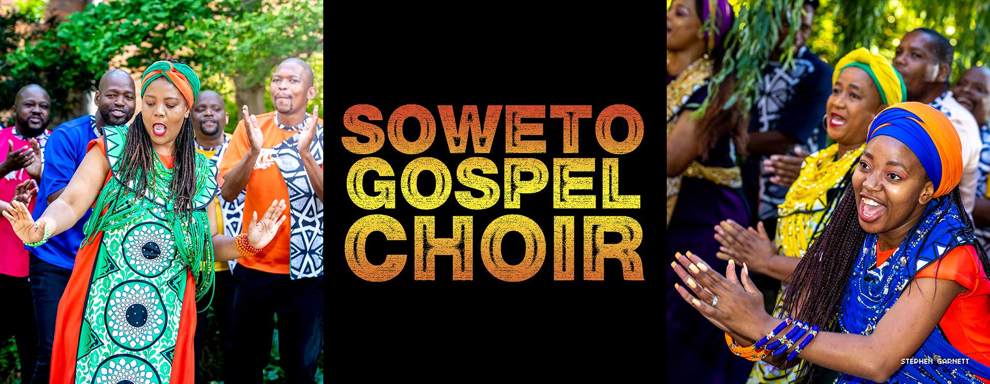 Two images of choir members singing and dancing bookend the words Soweto Gospel Choir. 