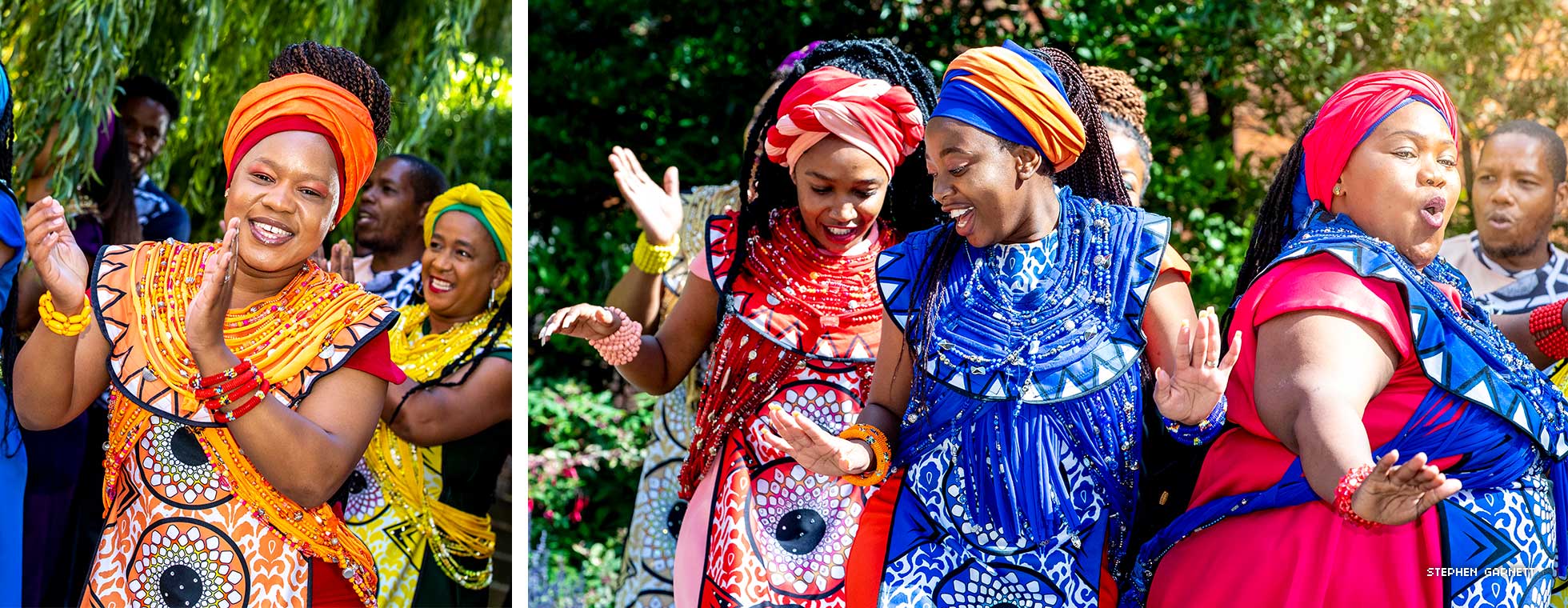 In an image collage, women dressed in bold and colorful traditional African celebratory clothing clap, sing, and smile. 