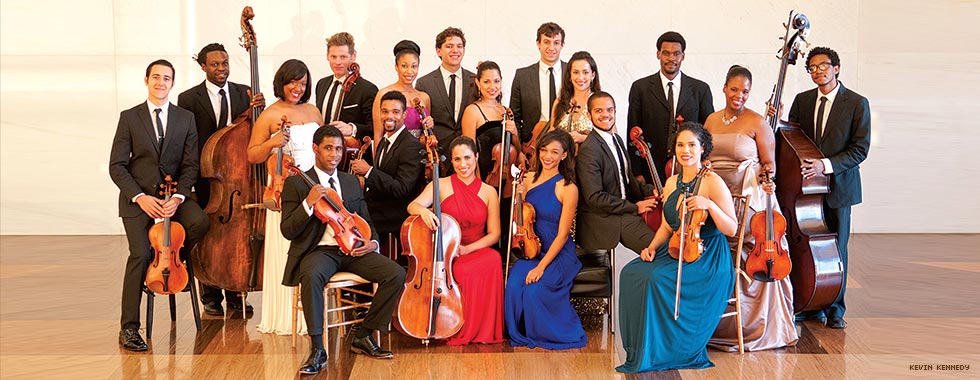 The eighteen formally dressed musicians of Sphinx Virtuosi pose with their classical instruments and smile for the camera. (Kevin Kennedy)