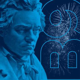 An illustration of Beethoven surrounded by fireworks.