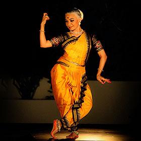 Indian dancer Bijayini Satpathy holds a traditional Odissi pose.