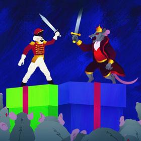 An illustration of the Nutcracker swordfighting the Rat King atop Christmas gift boxes. A crowd of rats watch from the floor around them. Poster design by Mars Sparrow.