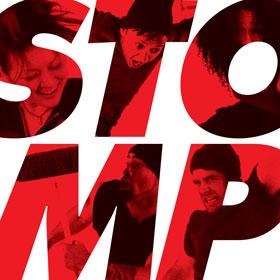 Stomp is rendered in a text illustration showing the percussive dancers within the shapes of the letters.
