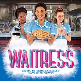 Three women dressed in vintage diner-style servers’ uniforms hold a coffee pot, a pie, and a pad and paper. The Waitress logo appears below them.