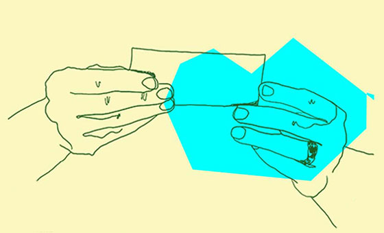 A line drawing of two hands holding an index card.
