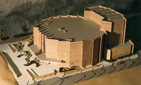 An architectural model made of cardboard and wood, of an early design of Eisenhower Auditorium.