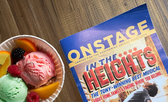 A cup of frozen yogurt next to a program book from the musical In The Heights.