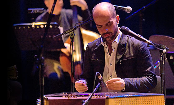 A balding man looks down while he plays a horizontal stringed instrument called a santur.