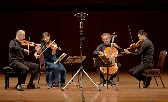A classical quartet sit in a semi-circle at music stands and play their stringed instruments.