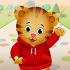 Daniel Tiger, dressed in a zippered cardigan and wearing a watch on his right paw, waves hello in an illustration for "Daniel Tiger's Neighborhood."