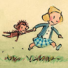 In an illustration, a girl in pigtails drags her toy monkey behind her.