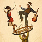 A cowgirl and guitarist balance atop a wagon wheel while a cowboy hangs from the wheel in an illustration.