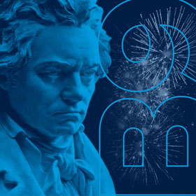 An illustration of Beethoven surrounded by fireworks.