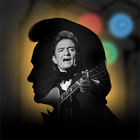 An historic photo of Johnny Cash playing the guitar and singing is centered within a silhouette of the artist.
