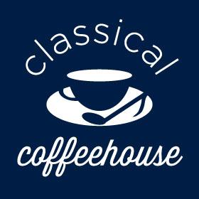 A teacup and a spoon in the shape of a musical note rest on a saucer sandwiched between the words Classical Coffeehouse.