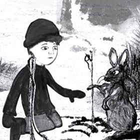 An illustration of a boy kneeling in front of a rabbit in a snow covered forest.